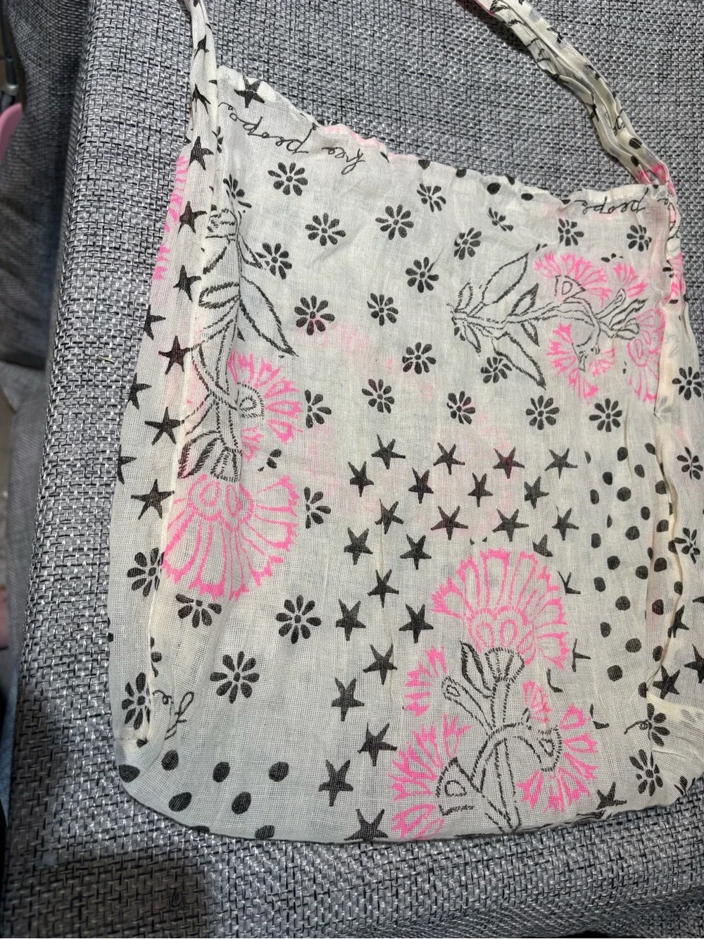 Free People Floral Polka-Dot Star Print Gauzy Linen Shopping Tote Bag purse